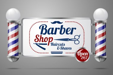 Two old fashioned vintage silver and glass barber shop poles holding Barber Sign. clipart