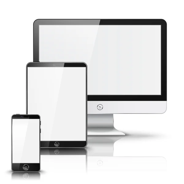 Set of all size screen devices for site preview - computer, tablet, phone sizes, isolated on white background with reflection. Vector — 图库矢量图片