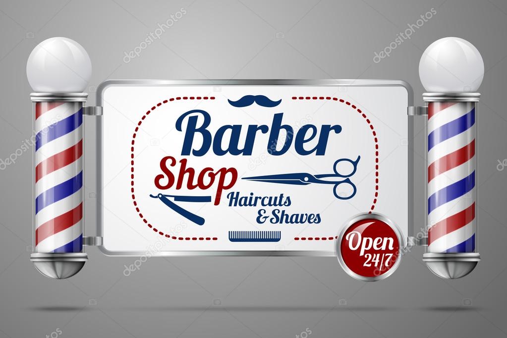 Two old fashioned vintage silver and glass barber shop poles holding Barber Sign.