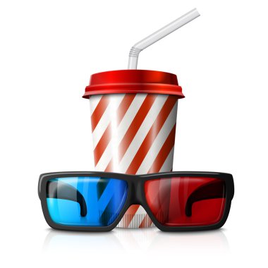 Sinema illüstrasyon - 3d gözlük ve kırmızı çizgili cola Kupası. Vektör