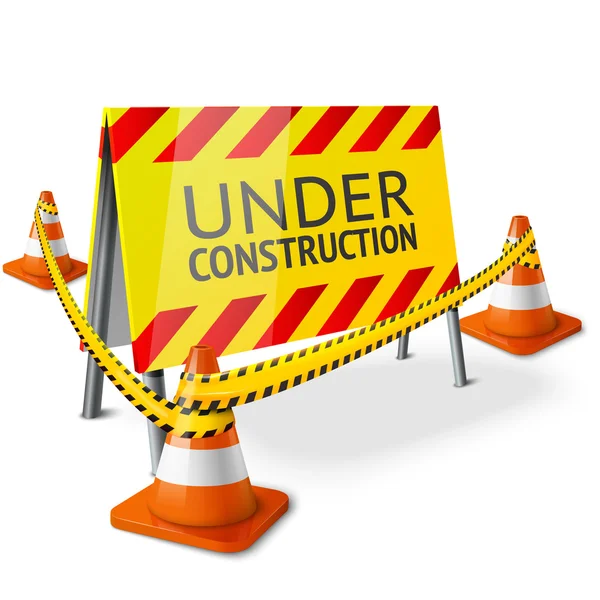 Bright Under Construction sign with orange stripped road cones and yellow caution tape. Vector — Stock Vector