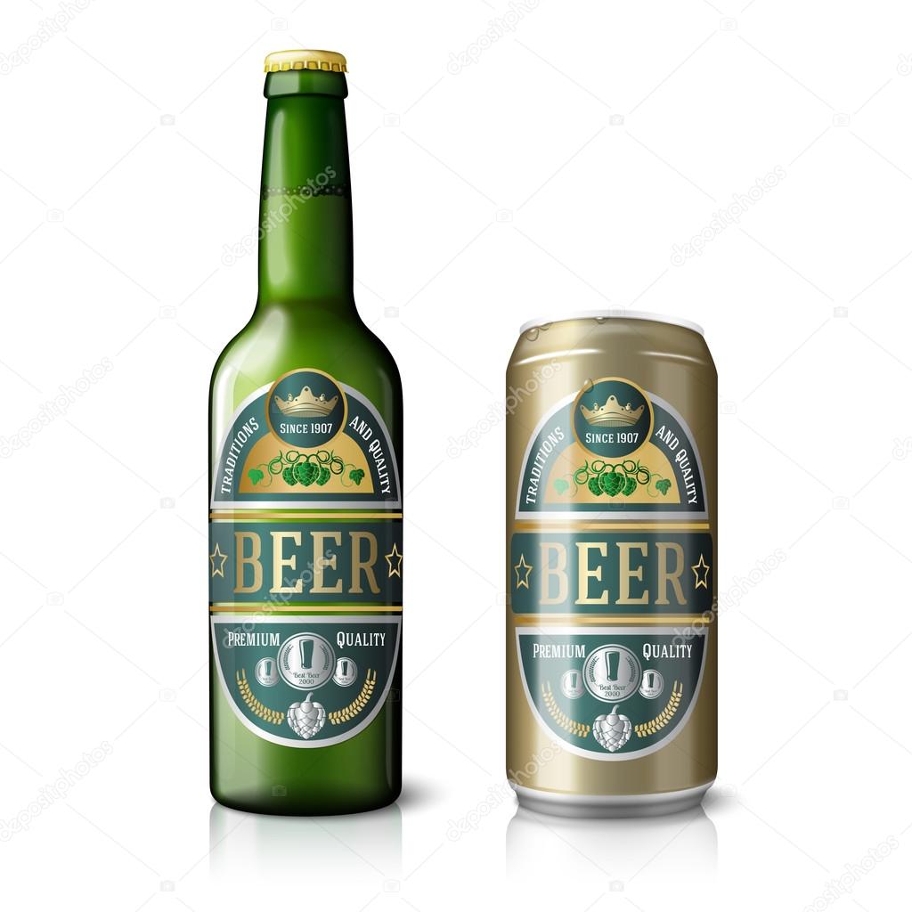 Green beer bottle and golden can, with labels.