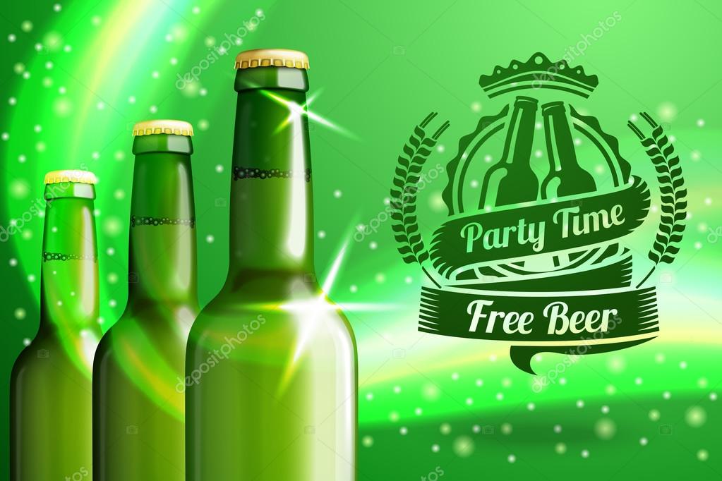 Banner for beer adwertisement with three realistic green beer bottles and beer label with place for your text and design. On dark background. vector