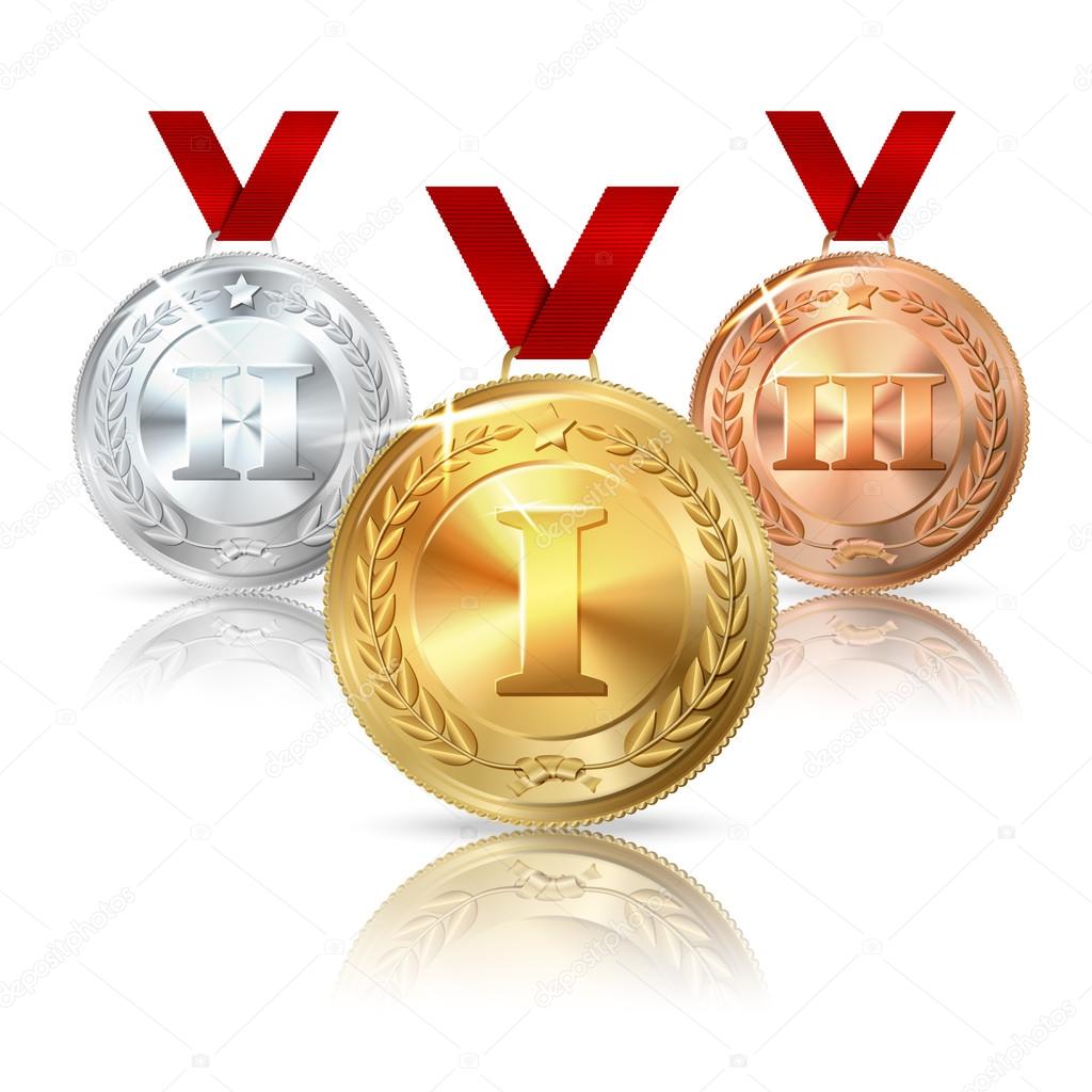 Vector Golden, Silver and Bronze medal with red ribbons.