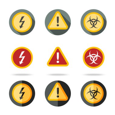 Dikkat Icons set - yüksek woltage, ünlem işareti, kirlenme işareti. Farklı düz stilleri.