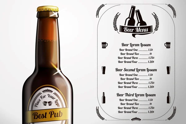 Modello di menu per alcol con bottiglia di birra marrone realistica su sfondo bianco. vettore . — Vettoriale Stock