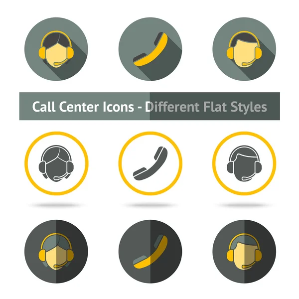Set von Call Center-Symbolen in verschiedenen flachen Stilen. Vektor — Stockvektor