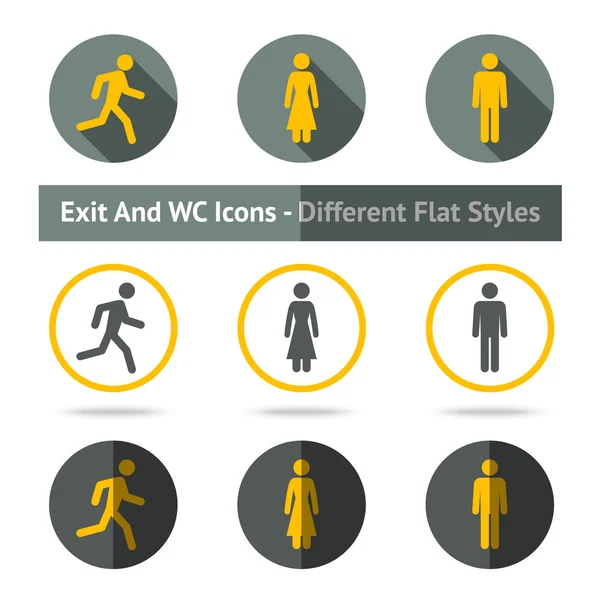 Exit en Wc pictogrammen instellen. In verschillende stijlen, plat. — Stockvector