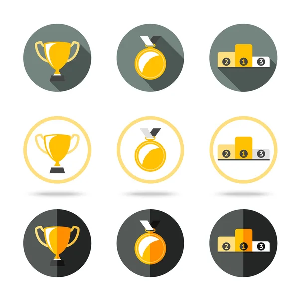 Conjunto de iconos ganadores - Copa, Medalla y pedestal. Diferentes tipos de estilo plano. Vector — Archivo Imágenes Vectoriales