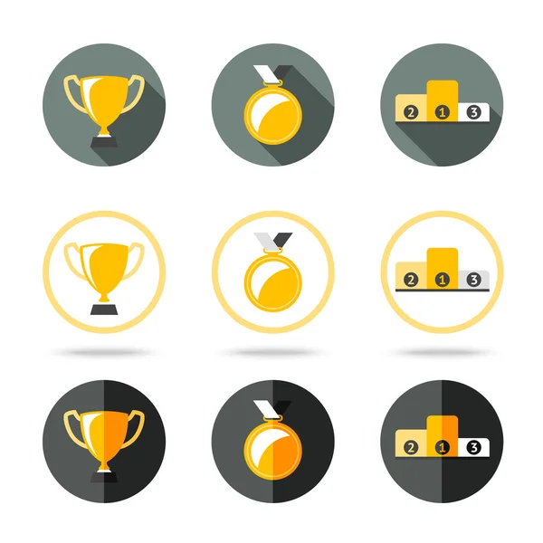 Winnaars iconen set - Cup, medaille en voetstuk. Verschillende soorten vlakke stijl. Vector — Stockvector