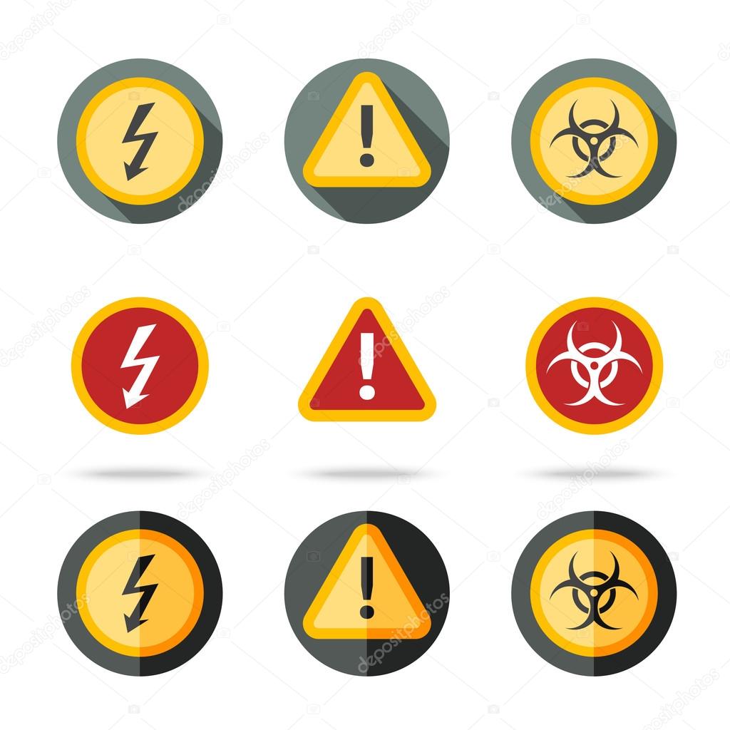 Caution icons set - high woltage, exclamation mark, contamination sign. In different flat styles. vector