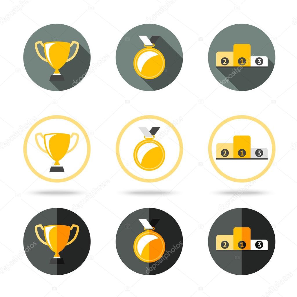 Winners icons set - Cup, Medal and pedestal. Different kinds of flat style. Vector