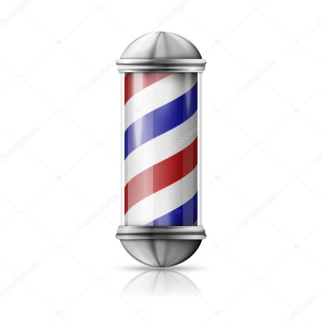 Realistic vector - old fashioned vintage silver and glass barber shop pole with red, blue and white stripes. Isolated on white background with reflection, for design and branding. Vector illustration
