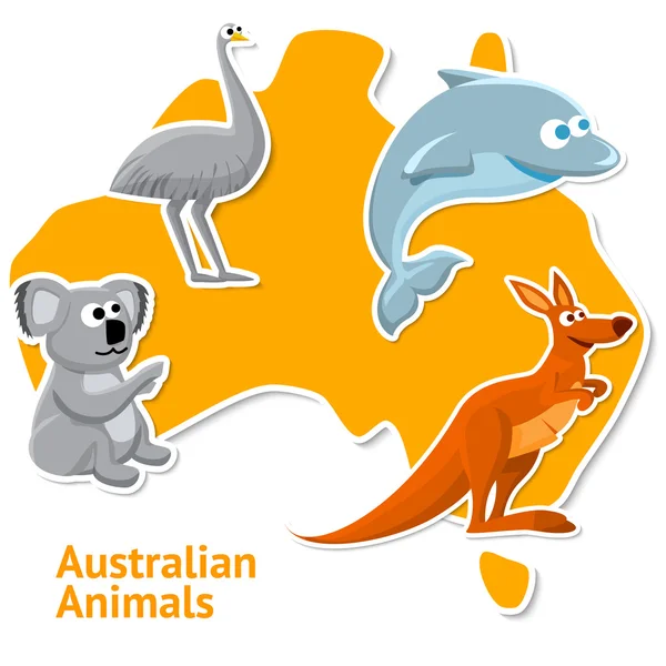 Autocollants avec des animaux australiens et carte — Image vectorielle