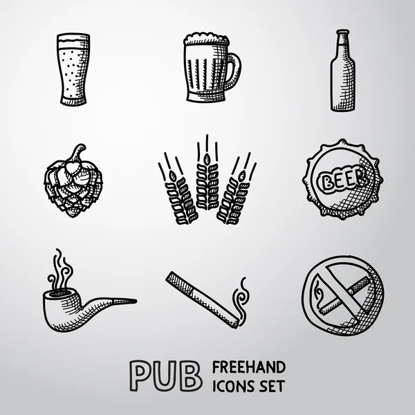 Pub, conjunto de ícones desenhados à mão de cerveja . — Vetor de Stock