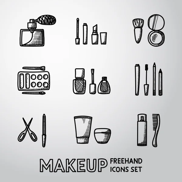 Conjunto de iconos de maquillaje a mano alzada. Vector — Vector de stock