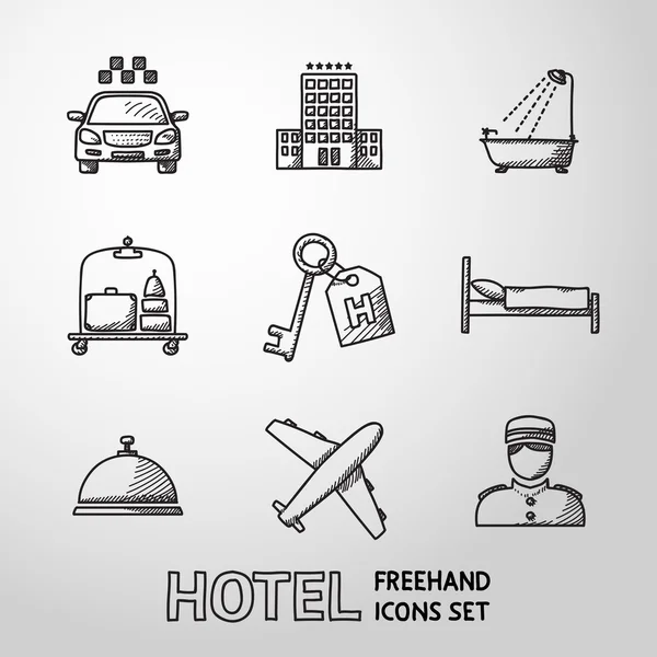 Hotel y servicio monocromo iconos a mano alzada — Vector de stock