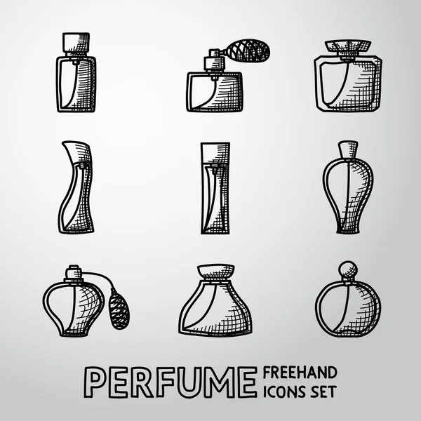 Perfume iconos dibujados a mano conjunto — Archivo Imágenes Vectoriales