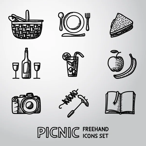 Set di icone da picnic disegnate a mano . — Vettoriale Stock
