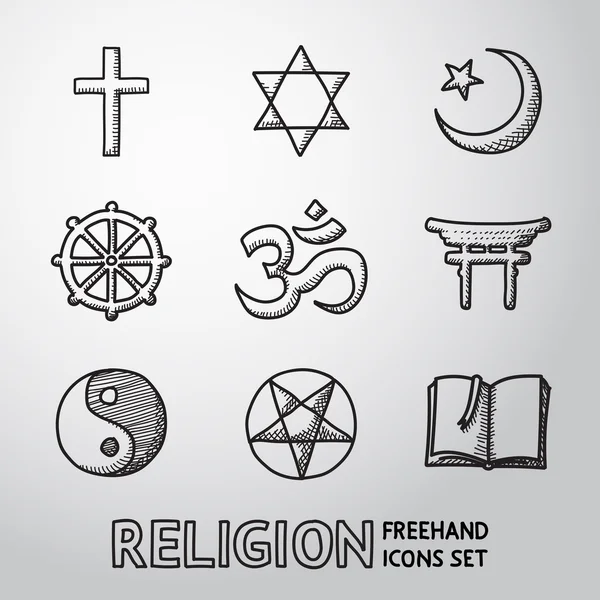 World religion hand dras symboler set. — Stock vektor