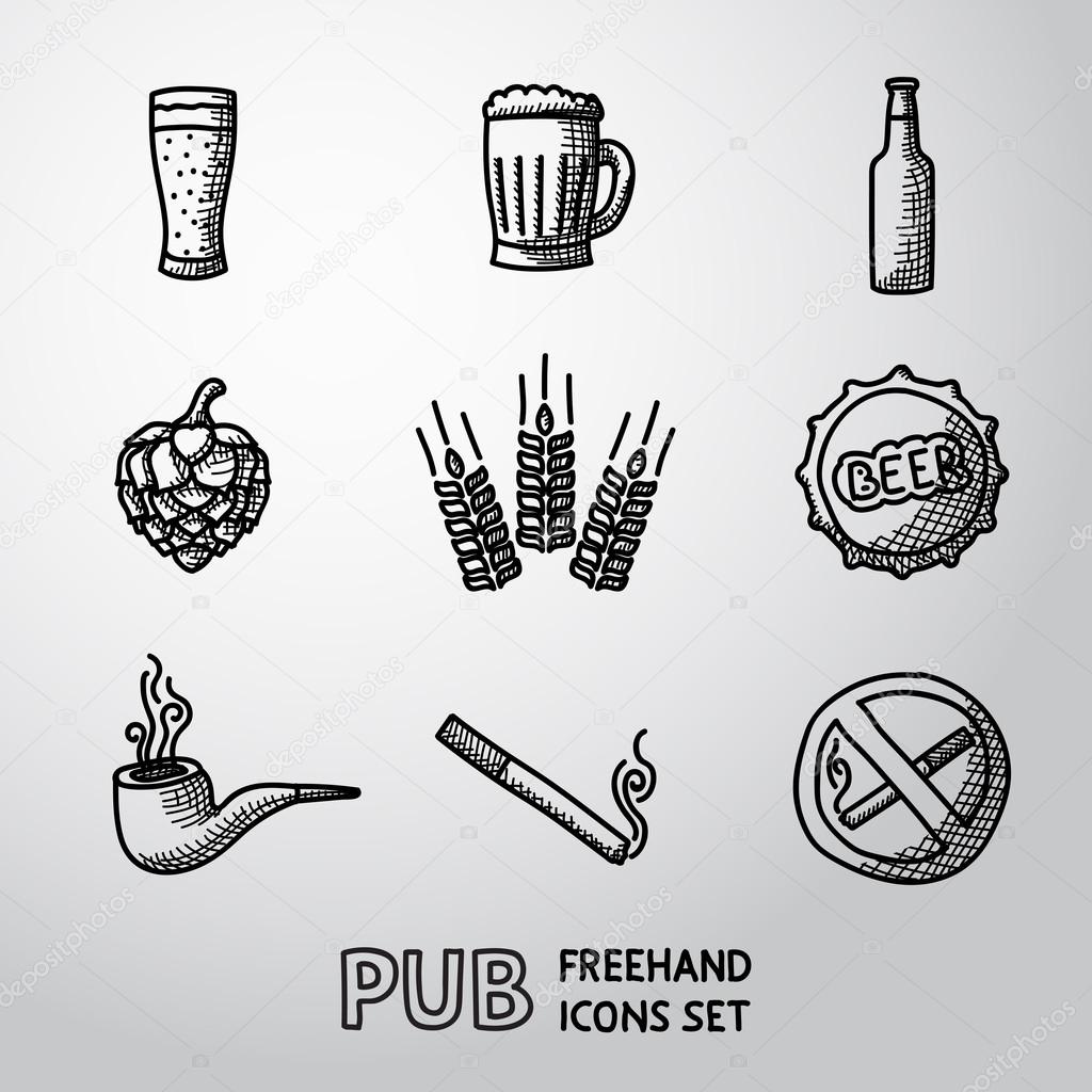 Pub, beer handdrawn icons set.