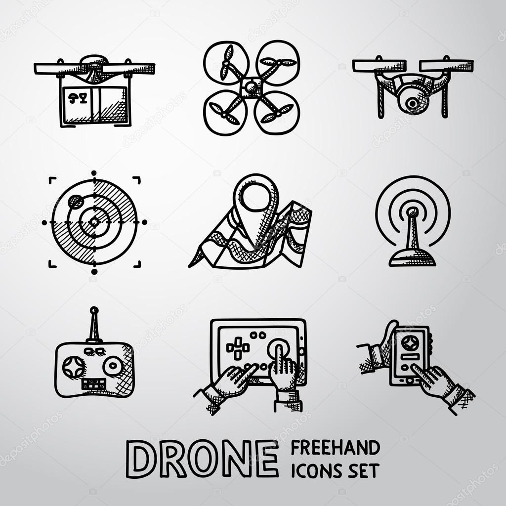 Set of freehand drone icons - drone with box, drone top view, surveillance drone, navigation, map, controllers, tablet and smartphone apps. Vector illustration