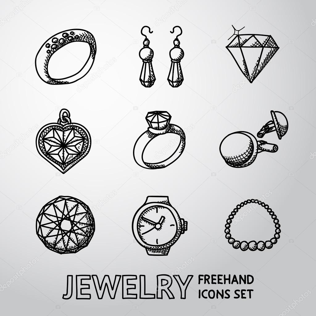 Jewelry monochrome freehand icons set with - rings and diamonds, watch, earrings, pendant, cuff links, necklace. Vector illustration
