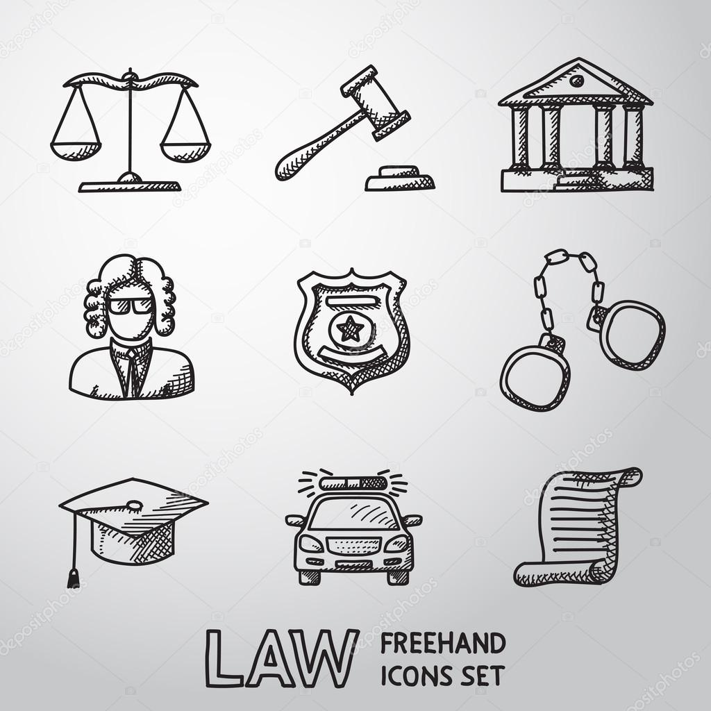 Law, justice freehand icons set with - scales and hammer, court house, judge, police badge, handcuffs, lawyer cap, police car, sentence document. vector