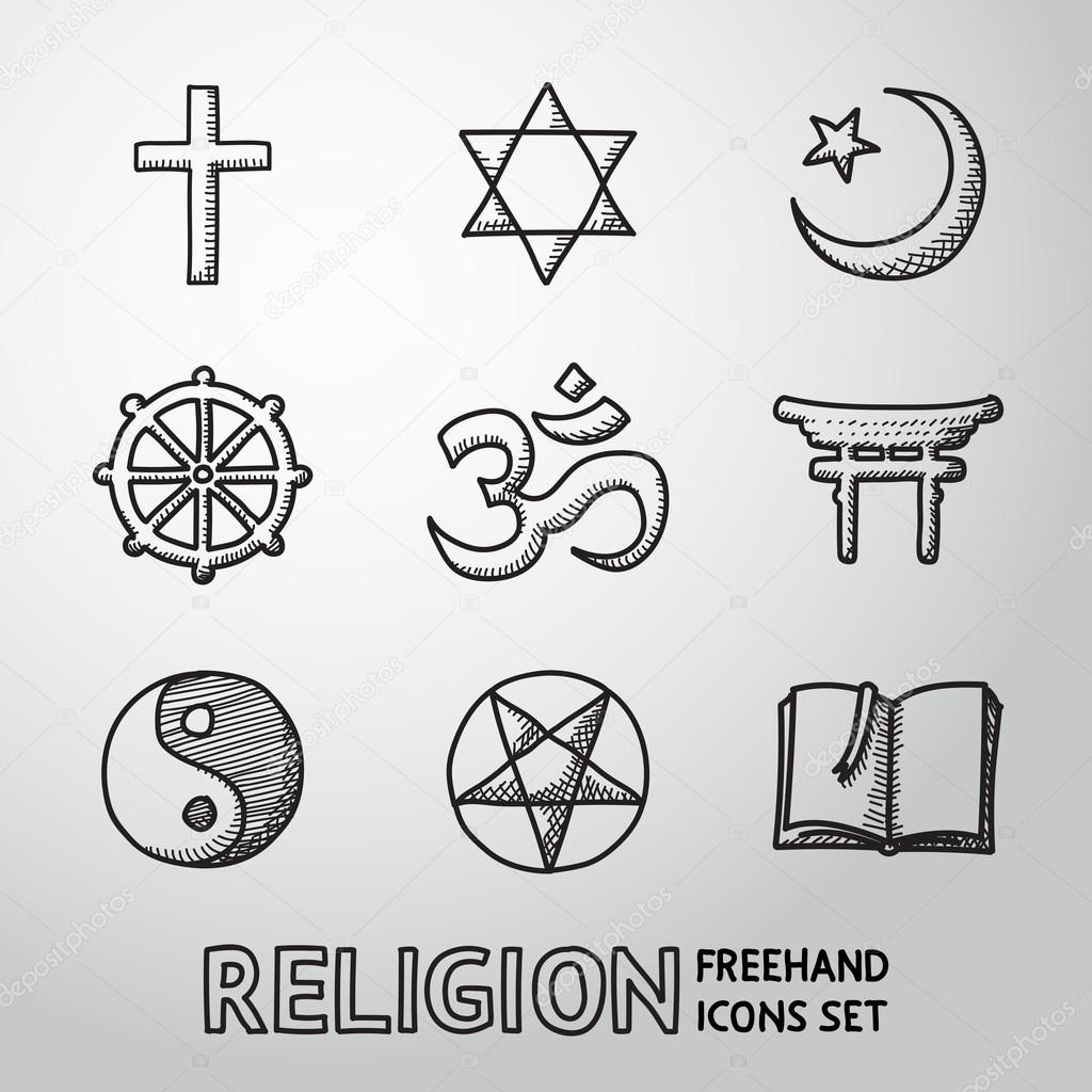 World religion hand drawn symbols set.