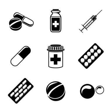 Medicine, drugs monochrome icons set