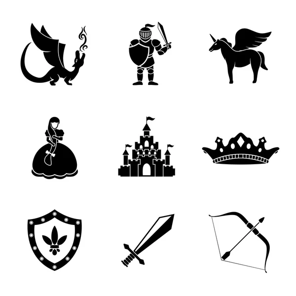 Conjunto de cuento de hadas monocromo, iconos del juego — Vector de stock