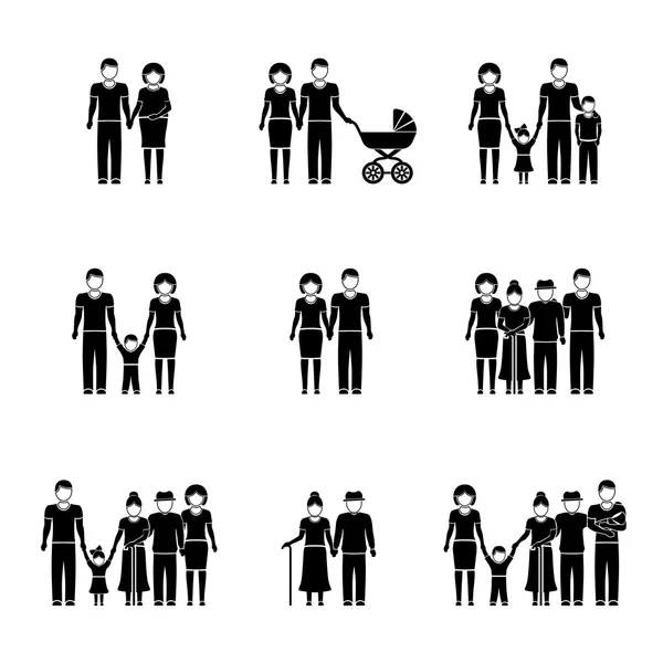 Familia multigeneracional iconos monocromáticos — Vector de stock