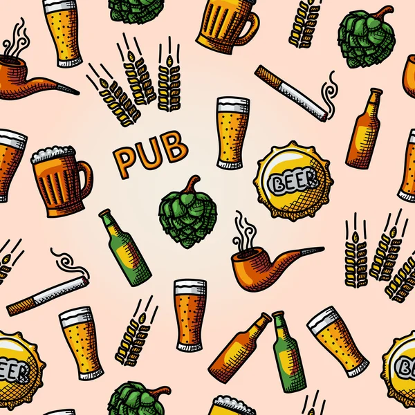 Pub sin costuras - patrón dibujado a mano de cerveza . — Archivo Imágenes Vectoriales