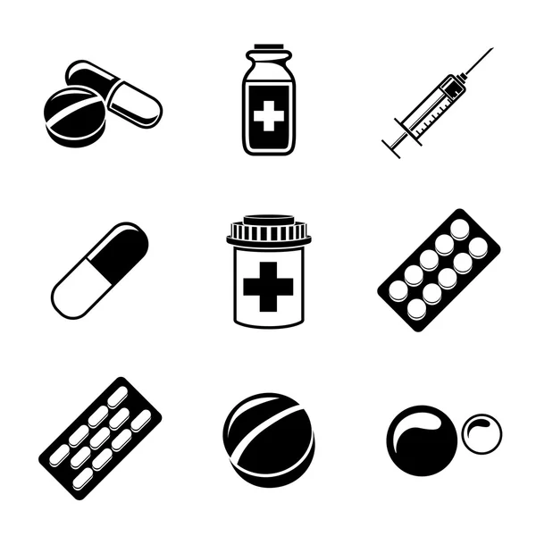 Medicina, farmaci set icone monocromatiche — Vettoriale Stock