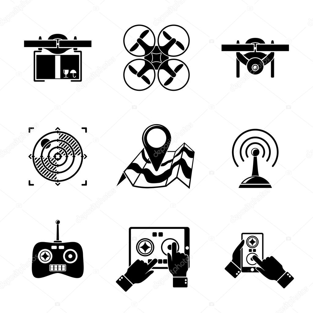 Set of drone icons - drone with box, drone top view, surveillance drone, navigation, map, controllers, tablet and smartphone apps. Vector illustration
