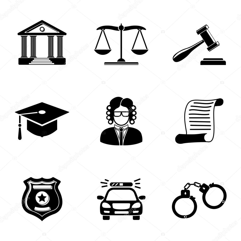Law, justice monochrome icons set with - scales and hammer, court house, judge, police badge, handcuffs, lawyer cap, police car, sentence document. Vector