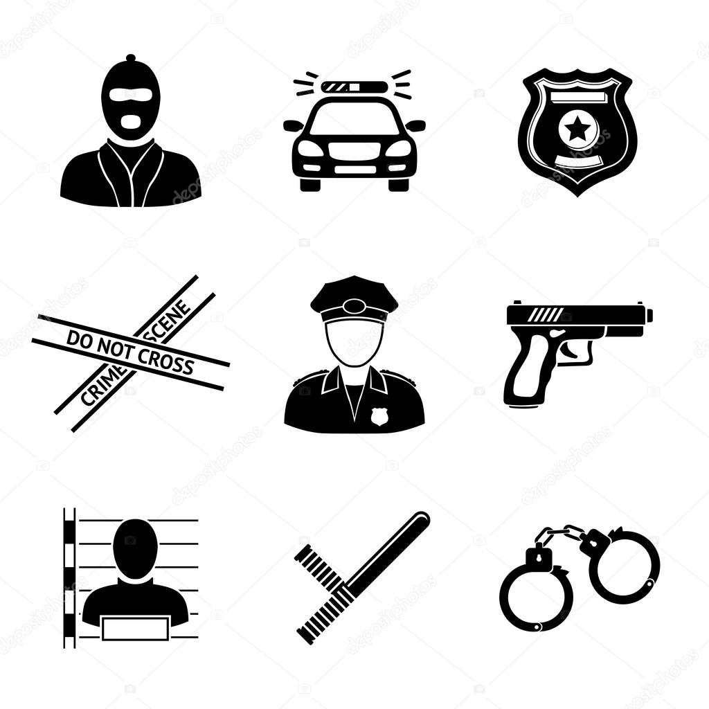 Set of monochrome police icons - gun, car, crime scene tape, badge, police men, thief, thief in jail, handcuffs, police club. Vector illustration