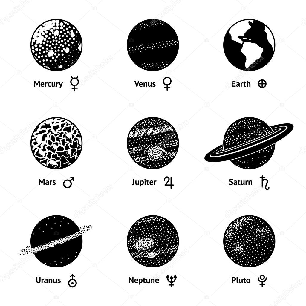Set of monochrome planet icons with names and astronomical symbols - mercury, venus, earth, mars, jupiter, saturn, uranus, neptune, pluto. Vector illustration