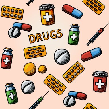Sorunsuz ilaçlar, haplar handdrawn desen ile - kutusu, tablet, blister, vitaminler, şırınga, sıvı ilaç.