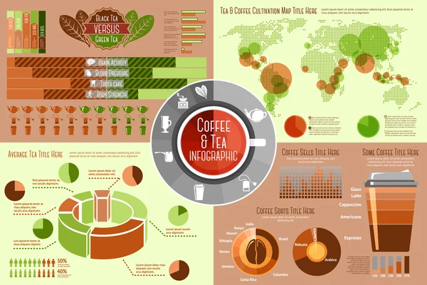 Conjunto de elementos infográficos de café e chá com ícones, gráficos diferentes, taxas etc. Vetor — Vetor de Stock