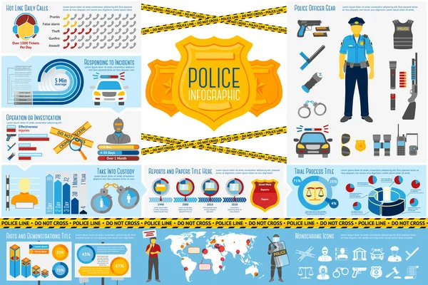 Conjunto de trabalho policial Elementos infográficos com ícones, gráficos diferentes, taxas etc. Com lugares para a tua mensagem. Vetor —  Vetores de Stock