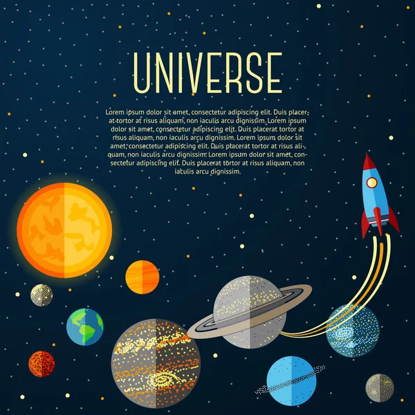 Universum-Banner mit Sonnensystem, Sternen und Weltraumrakete. Vektor — Stockvektor