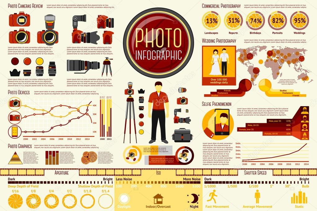 Set of Photographer work Infographic elements with icons, different charts, rates etc. With places for your text. Vector