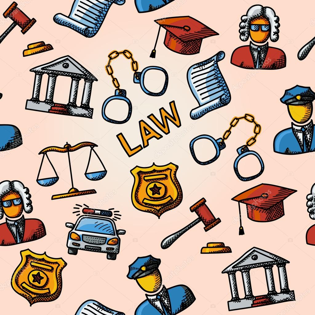 Seamless law handdrawn pattern with- scales and hammer, court house, judge, police badge, handcuffs, lawyer cap, police car, sentence document