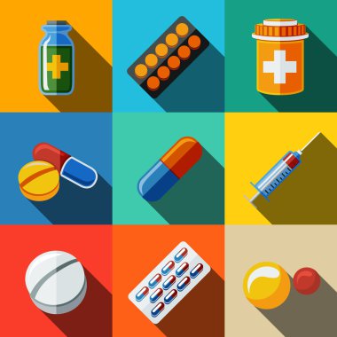 Medicine, drugs flat icons set