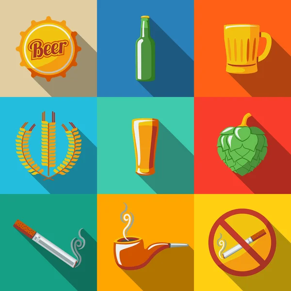 Pub, beer flat long shadow icons set — 스톡 벡터