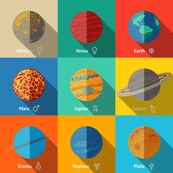 Planets with names and astronomical symbols — Stock vektor