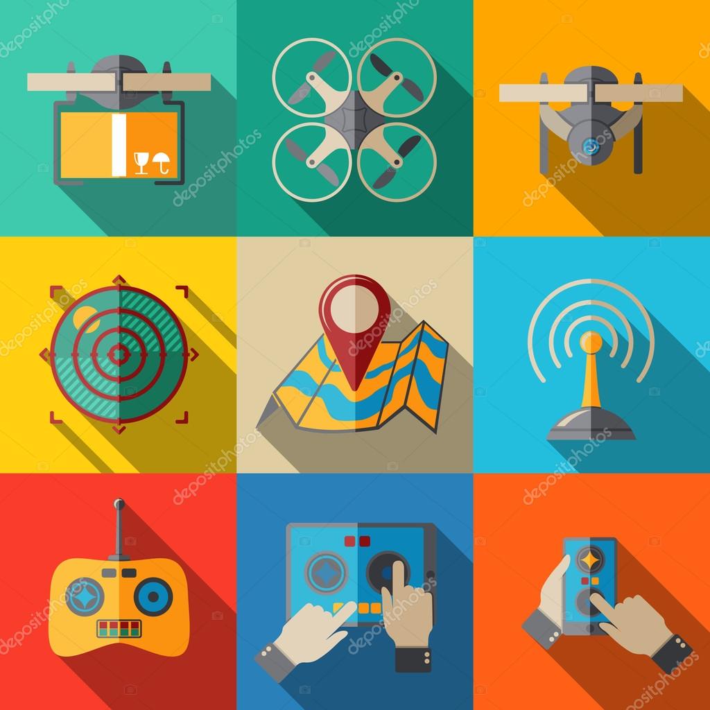 Set of flat drone icons - drone with box, drone top view, surveillance drone, navigation, map, controllers, tablet and smartphone apps. Vector illustration