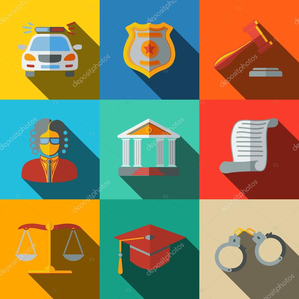 Law, justice flat icons set on square plates with long shadows, with - scales, hammer, court house, judge, police badge, handcuffs, lawyer cap, police car, sentence document.