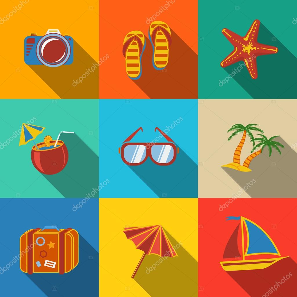 Summer holidays modern flat icons set on color squares with - coconut cocktail, fish star, slippers, palms, suitcase,beach umbrella,yacht,sun glasses, photo camera.